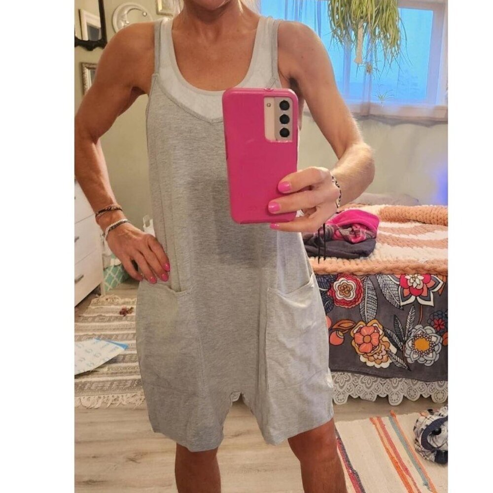 Women's Light Grey Sleeveless Romper Loose Spaghetti Strap Shorts Jumpsuit